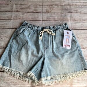 Celebrity Pink Paperbag Waist Denim Shorts Frayed Hem Drawstring Size M